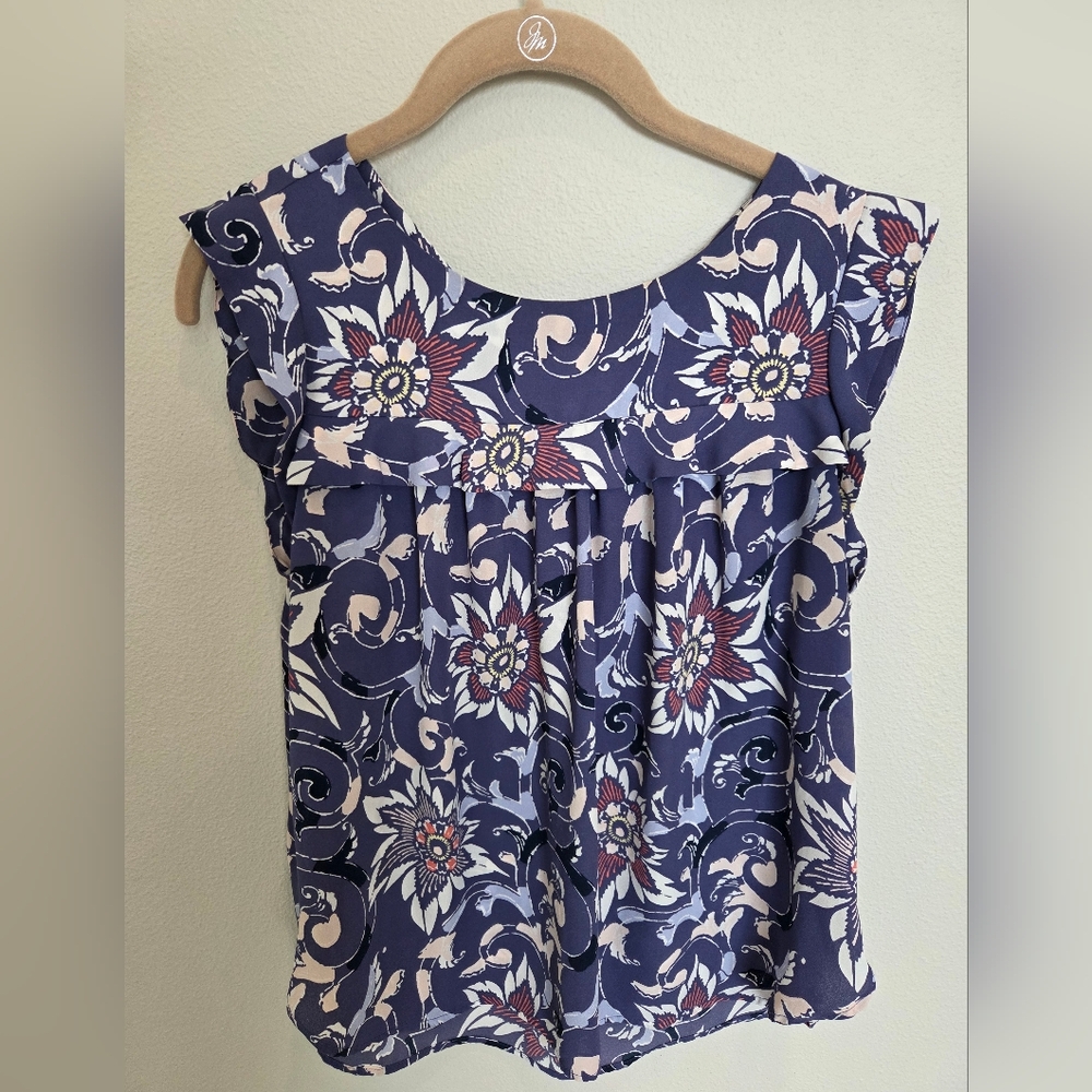LOFT Floral Ruffled Sleeveless Top - Periwinkle, Pink, Navy and Cream S Petite
